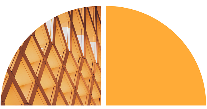 Abstract header graphic with curved shapes, showing a wooden lattice pattern on the left and a solid orange semicircle on the right.