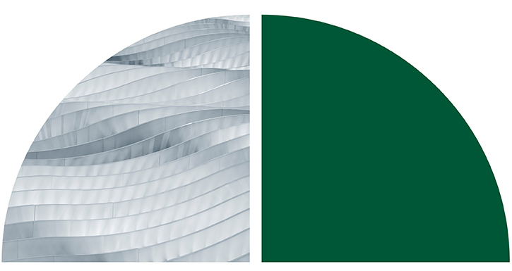 Abstract architectural detail with layered, curved metal panels in soft gray tones.