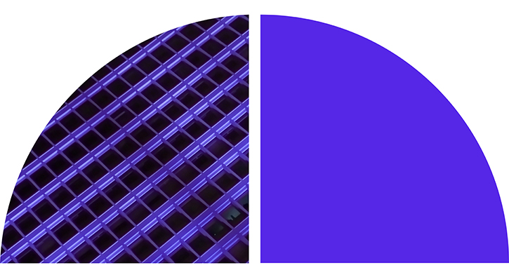 Abstract purple geometric design featuring a curved grid pattern and gradient background.