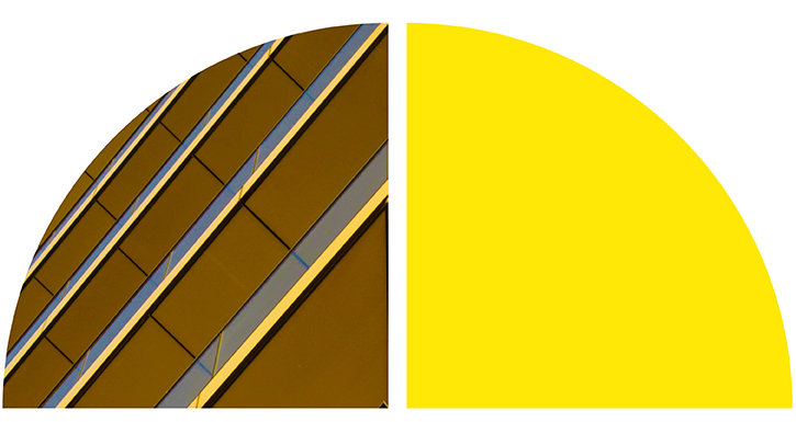 Modern building facade with diagonal lines in brown and yellow tones, next to a bright yellow semicircle on a split background.