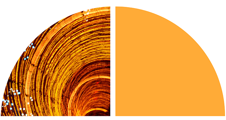Abstract orange and gold spiral pattern resembling layered circular rings or wood grain paired with a solid vertical orange block.