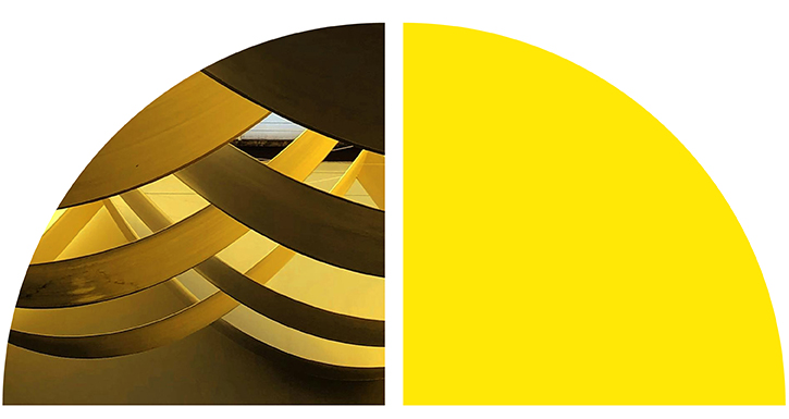 Abstract design featuring curved yellow and black architectural elements with bold geometric shapes.