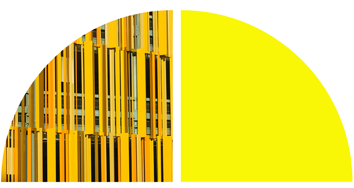 Abstract yellow and gray geometric graphic with vertical lines and curved shapes.